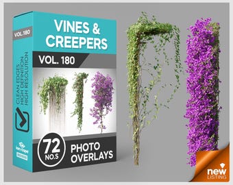 May include: A digital product box labeled VINES & CREEPERS VOL. 180 containing 72 photo overlays. The box displays images of green hanging vines and a tall column of vibrant purple flowers. The text includes CLEAN EDGES, HIGH DEFINITION, and HIGH RESOLUTION.