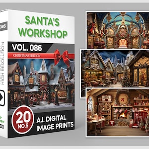 Pode incluir: Uma caixa com 20 impressões digitais de imagens que mostram uma cena de vila natalina com um laço vermelho. A caixa está etiquetada como "Santa's Workshop Vol. 086 Christmas Edition".