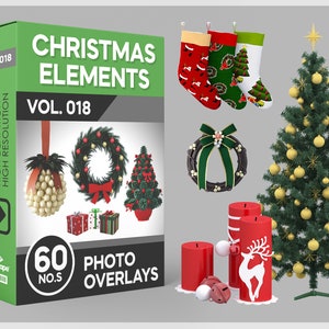 May include: A collection of Christmas-themed photo overlays. The image includes a Christmas tree, stockings, wreaths, candles, and gift boxes. The text on the box reads "CHRISTMAS ELEMENTS VOL. 018" and "60 PHOTO OVERLAYS".