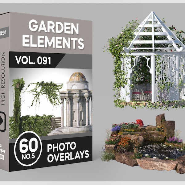 60 Garden Element Overlays, Garden sculptures, Ornamental shrubs, Water features, Trellises, Garden House, Pergolas, Garden Decor