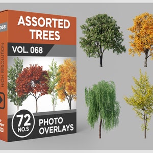 以下が含まれることがあります： 様々な色とスタイルの様々な木をフィーチャーした72枚の写真オーバーレイの箱。箱には「Vol. 068 Assorted Trees」と「72 Photo Overlays」のラベルが貼られています。