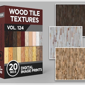 May include: A product box labeled "WOOD TILE TEXTURES VOL. 124" with 20 digital image prints. The box is dark red with a variety of wood tile samples. Three additional wood tile samples are displayed on the right.