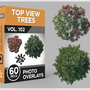 Op de afbeelding: Een doos met 60 foto-overlays van bomen, met de tekst "Top View Trees Vol. 102". De doos toont vier verschillende boomtoppen, waaronder een groene boom, een bruine boom, een kleine groene boom en een boom met roze bloemen.