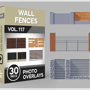 May include: A set of 30 photo overlays featuring different styles of wall fences. The overlays are high resolution and have clean edges. The set includes a variety of materials, including wood, metal, and stone.