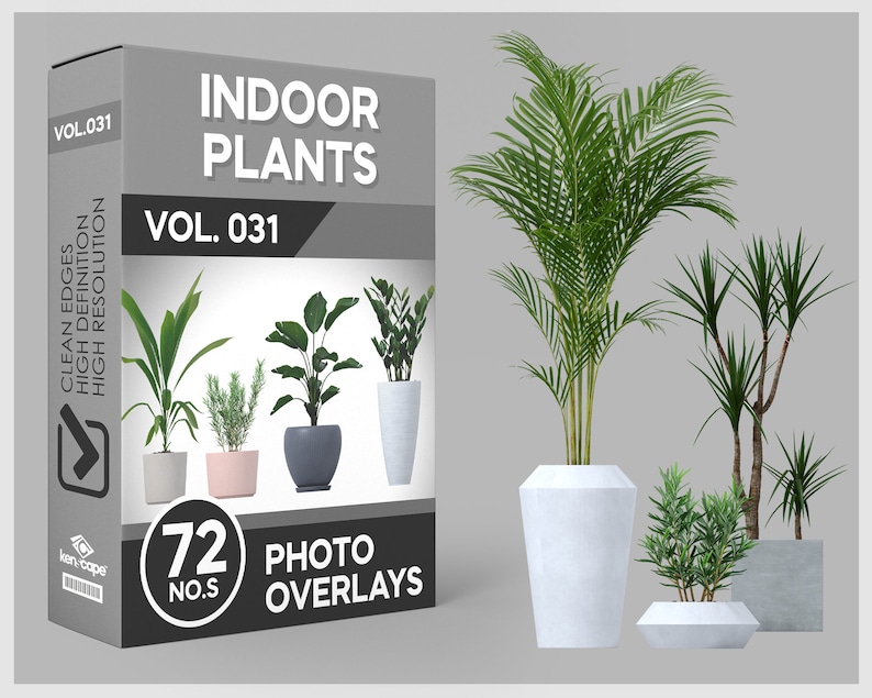 May include: A box of 72 indoor plant photo overlays, labeled "Indoor Plants Vol. 031". The box shows five different plants in pots, including a palm tree, a fern, and a succulent. The text "Clean Edges, High Definition, High Resolution" is on the side of the box.