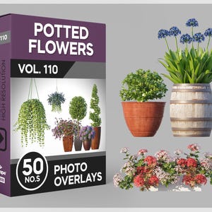 Puede incluir: Un conjunto de 50 superposiciones de fotos con flores en macetas de varios estilos y colores. Las superposiciones son de alta resolución y tienen bordes limpios, lo que las hace ideales para agregar un toque de naturaleza a tus fotos. El texto en la caja dice "Flores en maceta Vol. 110".