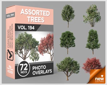 May include: A product box labeled Assorted Trees Vol. 194 with 72 photo overlays, featuring a peach and black design with text including Clean Edges, High Definition, and High Resolution. Six distinct tree images are displayed to the right.