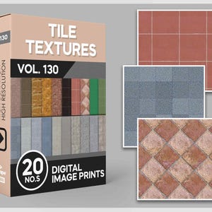 May include: A product box titled "TILE TEXTURES VOL. 130" with "20 DIGITAL IMAGE PRINTS". The box features a variety of tile patterns in different colors and textures. Three sample tile designs are displayed on the right, including red, blue, and diamond patterns.