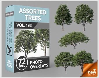 May include: A digital product box labeled Assorted Trees Vol. 193, featuring 72 photo overlays. The box displays text including Clean Edges, High Definition, and High Resolution. Five distinct green tree illustrations are shown to the right.