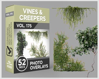 May include: A product box labeled VINES & CREEPERS VOL. 175 containing 52 photo overlays. The box features text including CLEAN EDGES, HIGH DEFINITION, and HIGH RESOLUTION. Next to the box are various digital images of green climbing plants.