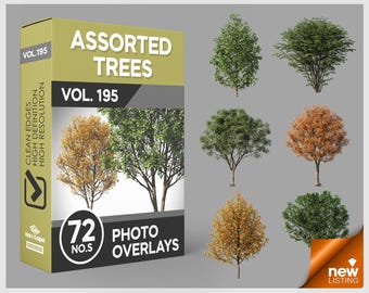 May include: A product box labeled Assorted Trees Vol. 195 containing 72 photo overlays, displayed next to six individual tree images with green and orange foliage, featuring text including Clean Edges, High Definition, and High Resolution.