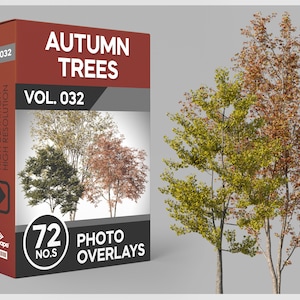 Può includere: Una scatola di 72 sovrapposizioni fotografiche con alberi autunnali. La scatola è rossa e nera con il testo "Autumn Trees Vol. 032" sul davanti. Le sovrapposizioni sono ad alta risoluzione e hanno bordi netti.