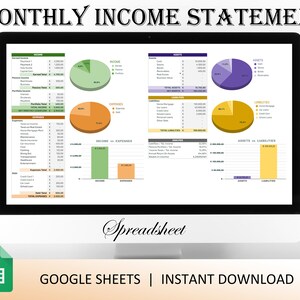 Può includere: Uno schermo di computer che mostra un modello di foglio di calcolo di Google Sheets per un prospetto di redditi mensile. Il foglio di calcolo include sezioni per redditi, spese, attività, passività e un grafico che mostra i redditi rispetto alle spese. Il testo "MONTHLY INCOME STATEMENT" è nella parte superiore dello schermo. Il testo "Spreadsheet" è sotto lo schermo. Il testo "GOOGLE SHEETS | INSTANT DOWNLOAD" è nella parte inferiore dello schermo.