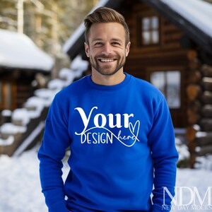 Gildan 18000 Blue Mockup, Male Gildan Sweater Mockup, Sweatshirt Mens Model Mockup, Unisex Heavy Blend Sweatshirt, Gildan 18000 Man blue