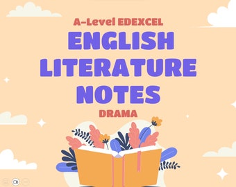 May include: A-Level Edexcel English Literature Notes graphic with the word "Drama" below. The image features an open book with colorful floral illustrations, set against a light orange background with clouds and stars.