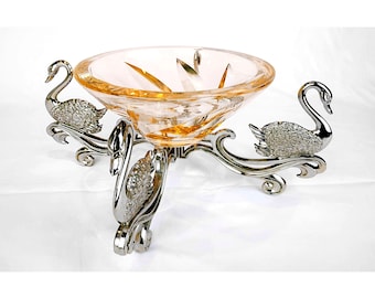 Tigela de cristal Daum Nancy em suporte de cisne, Art Déco, assinada