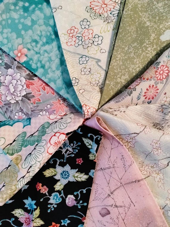 Lot of 10 Japanese Kimono Fabric Scraps, Quilt Fabric Scraps