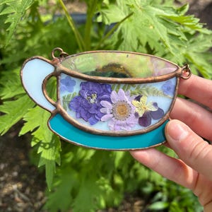 Teacup Purple Pressed Flower Stained Glass Suncatcher