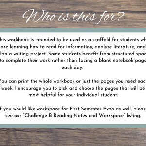 Op de afbeelding: Een werkboek met tekst op een houten achtergrond. De tekst luidt "Who is this for?" en beschrijft het doel van het werkboek voor studenten die leren lezen en literatuur analyseren. Het biedt gestructureerde ruimte om te werken.