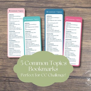 May include: Five colorful bookmarks with the text "5 Common Topics" and "Bookmarks" in a white banner. The bookmarks are pink, blue, and green and list five common topics for critical thinking: Definition, Comparison, Relationship, Circumstance, and Testimony.
