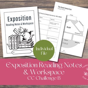 May include: Three worksheets on a wooden surface. The top worksheet is titled "Exposition Reading Notes & Workspace" with a cartoon cat reading a book. The other worksheets have text and diagrams. A green circle says "Individual File".