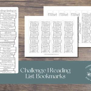 May include: A set of printable bookmarks featuring a black and white illustration of a stack of books titled Challenge 1 Reading List. Each bookmark lists classic book titles including The Call of the Wild, The Scarlet Letter, and Walden.