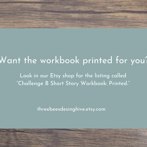 Op de afbeelding: Een turquoise achtergrond met witte tekst die vraagt of het werkboek voor je gedrukt moet worden. Het verwijst naar een Etsy-winkel voor een gedrukt werkboek. De Etsy-winkelnaam is threebeesdesinghive.etsy.com.