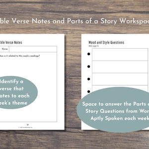 Op de afbeelding: Twee witte werkbladen met tekst en ruimte voor notities, getiteld "Bible Verse Notes" en "Mood and Style Questions". Het eerste werkblad bevat een opdracht om een vers te identificeren dat betrekking heeft op het thema van de week. De tweede heeft ruimte voor verhaalvragen.