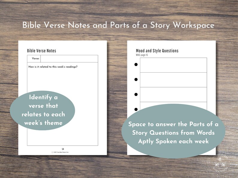 Op de afbeelding: Twee witte werkbladen met tekst en ruimte voor notities, getiteld "Bible Verse Notes" en "Mood and Style Questions". Het eerste werkblad bevat een opdracht om een vers te identificeren dat betrekking heeft op het thema van de week. De tweede heeft ruimte voor verhaalvragen.