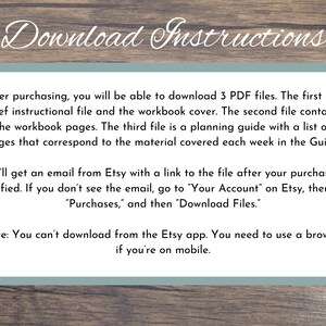 Op de afbeelding: Afbeelding met tekst: "Downloadinstructies". Tekst legt uit hoe je na aankoop 3 PDF-bestanden kunt downloaden, waaronder een korte instructiebestand, werkboekpagina's en een planningsgids. Er worden ook instructies voor Etsy-downloads gegeven.