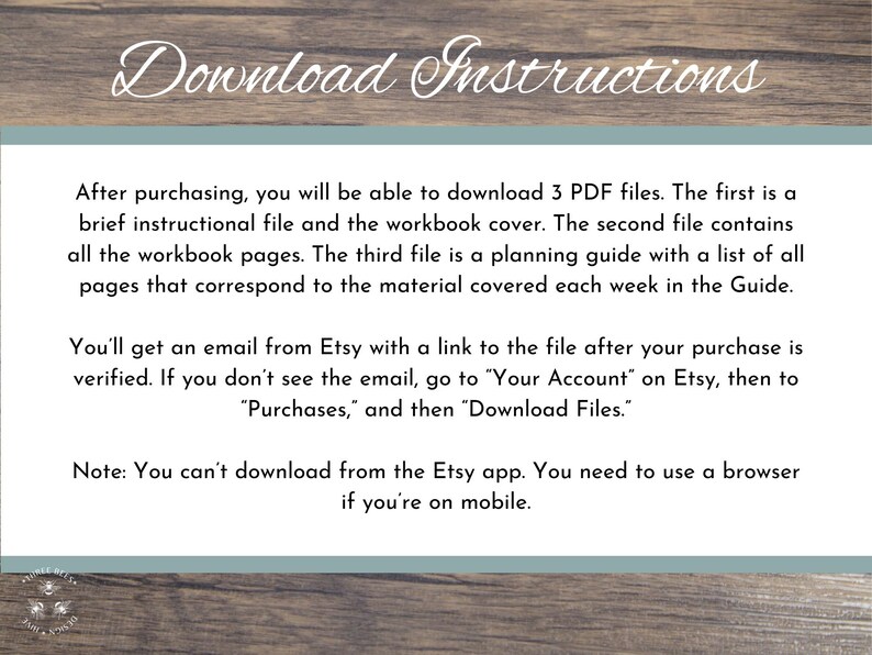 Op de afbeelding: Afbeelding met tekst: "Downloadinstructies". Tekst legt uit hoe je na aankoop 3 PDF-bestanden kunt downloaden, waaronder een korte instructiebestand, werkboekpagina's en een planningsgids. Er worden ook instructies voor Etsy-downloads gegeven.