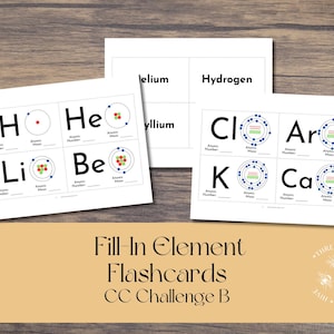 May include: White flashcards with element diagrams and text, including "H", "He", "Li", "Be", "Cl", "Ar", "K", and "Ca". The cards are arranged on a wooden surface. The text "Fill-In Element Flashcards CC Challenge B" is also visible.