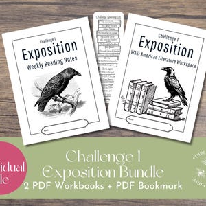 May include: Two white paper workbooks titled Challenge 1 Exposition, one featuring a crow on a branch and the other a crow on a stack of books, accompanied by a vertical reading list bookmark, all displayed with black ink illustrations on white paper.