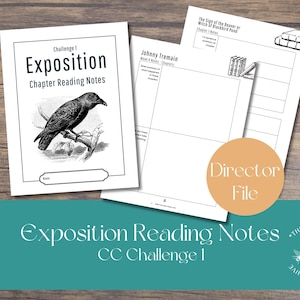 May include: A collection of white paper reading notes with black text. The top sheet reads "Exposition Chapter Reading Notes" and features a detailed illustration of a crow. Other sheets include "Johnny Tremain" and "The Sign of the Beaver or Witch of Blackbird Pond" notes.