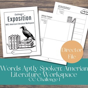 May include: A collection of worksheets for American Literature, featuring a raven perched atop books. The main worksheet is labeled "Exposition" and "Challenge 1." Additional worksheets include "Johnny Tremain" and "The Sign of the Beaver or Witch of Blackbird Pond."