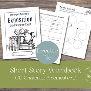 May include: A short story workbook with the title "Exposition" and the text "Short Story Workbook" is displayed. The cover features a cartoon cat reading a book. Additional pages include brainstorming exercises and a director file.