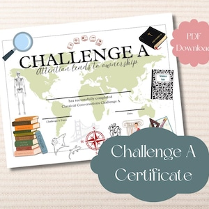 May include: A white certificate with the text "CHALLENGE A" and "Attention leads to ownership." The certificate includes illustrations of a world map, books, a compass, and a skeleton. A pink cloud shape reads "PDF Download."