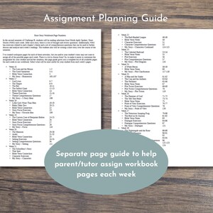Op de afbeelding: Een tweepagina's tellende opdrachtplanningsgids met de titel "Assignment Planning Guide". Het helpt ouders en tutoren bij het wekelijks toewijzen van werkboekpagina's. De tekst is zwart op een witte achtergrond.