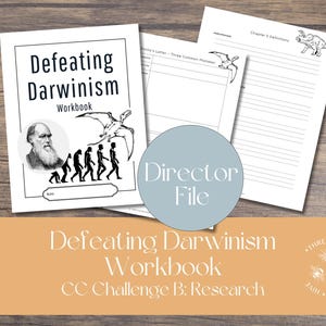May include: A workbook titled "Defeating Darwinism" with illustrations of Charles Darwin, human evolution, and a pterodactyl. The workbook is accompanied by loose-leaf pages and a circular "Director File" label. The text "CC Challenge B: Research" is also visible.