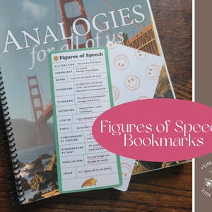 May include: A spiral-bound book titled "Analogies for All of Us" with a Golden Gate Bridge image. A bookmark with "Figures of Speech" and examples is on top. A pink oval reads "Figures of Speech Bookmarks".