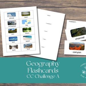 Op de afbeelding: Geografie flashcards met termen als 'hoogte', 'bekken' en 'archipel'. Extra kaarten definiëren 'kanaal' en 'canyon'. De titel 'Geography Flashcards CC Challenge A' wordt weergegeven.