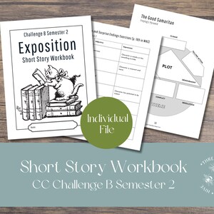 Op de afbeelding: Een kort verhaal werkboek met de titel "Exposition" en een cartoon kat die een boek leest. Het werkboek bevat werkbladen over plot, thema en verrassende eindes. De tekst "Short Story Workbook CC Challenge B Semester 2" is ook zichtbaar.