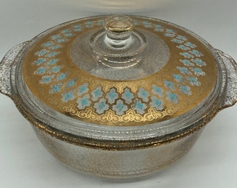 Mid Century Fire King Casserole With Lid GEORGES BRIARD Gold & Turquoise Design on Lid Gold Spatter 2 Quart Casserole