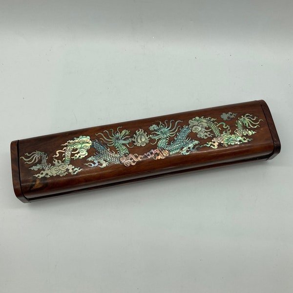 Chinese Wood Box Mother of Pearl Dragons Inlay Storage Box for Chopsticks Exceptional Inlay Design