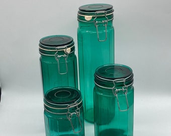 Emerald Green Vintage Kitchen Canisters Glass Storage Jars 4 Pieces 1970