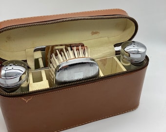 Men’s Travel Kit Vintage Made In England Silver Chromium Plate Leather Case 6pce Grooming Brush Self Care