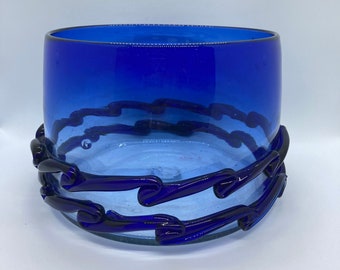 One of A Kind Hand Blown Glass Bowl Cobalt Waves Art Glass Bowl Vintage