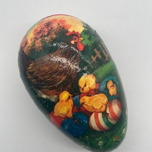German Paper Mache Easter Egg Hen Chicks 1950 Vintage Decor Candy Container
