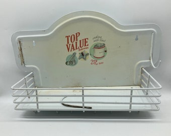 Rare 1930s Enamel Metal Kitchen Shelf Utensil Rack Advertisign TOP VALUE BRANDS White