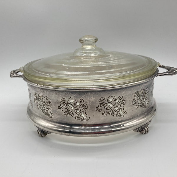 Viking Silver Casserole Dish Glassbake 1.5 qt Lidded Insert Pierced Etched Design 3 Piece Set vintage Serving Dish